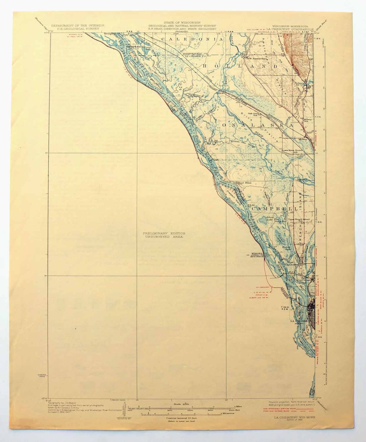 1930 La Crescent Minnesota Wisconsin Vintage USGS Topo Map La Crosse