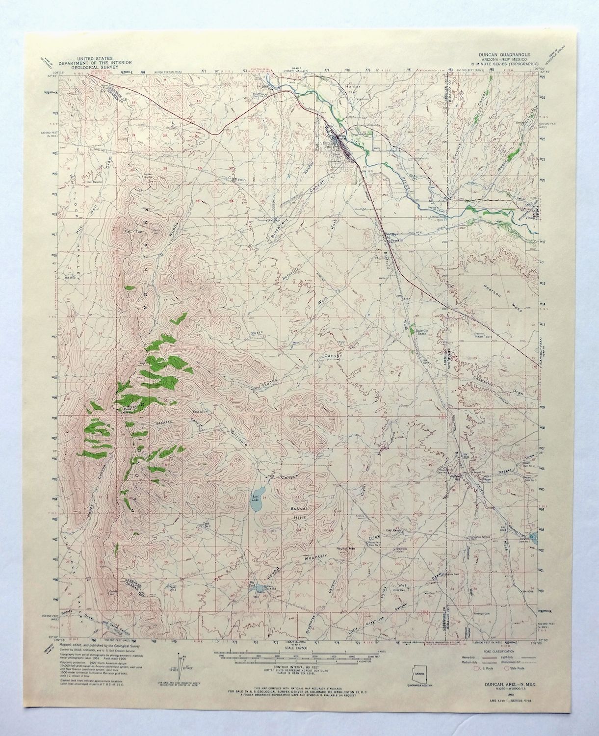 Duncan Arizona New Mexico Vintage USGS Topo Map 1960 Peloncillo Mts