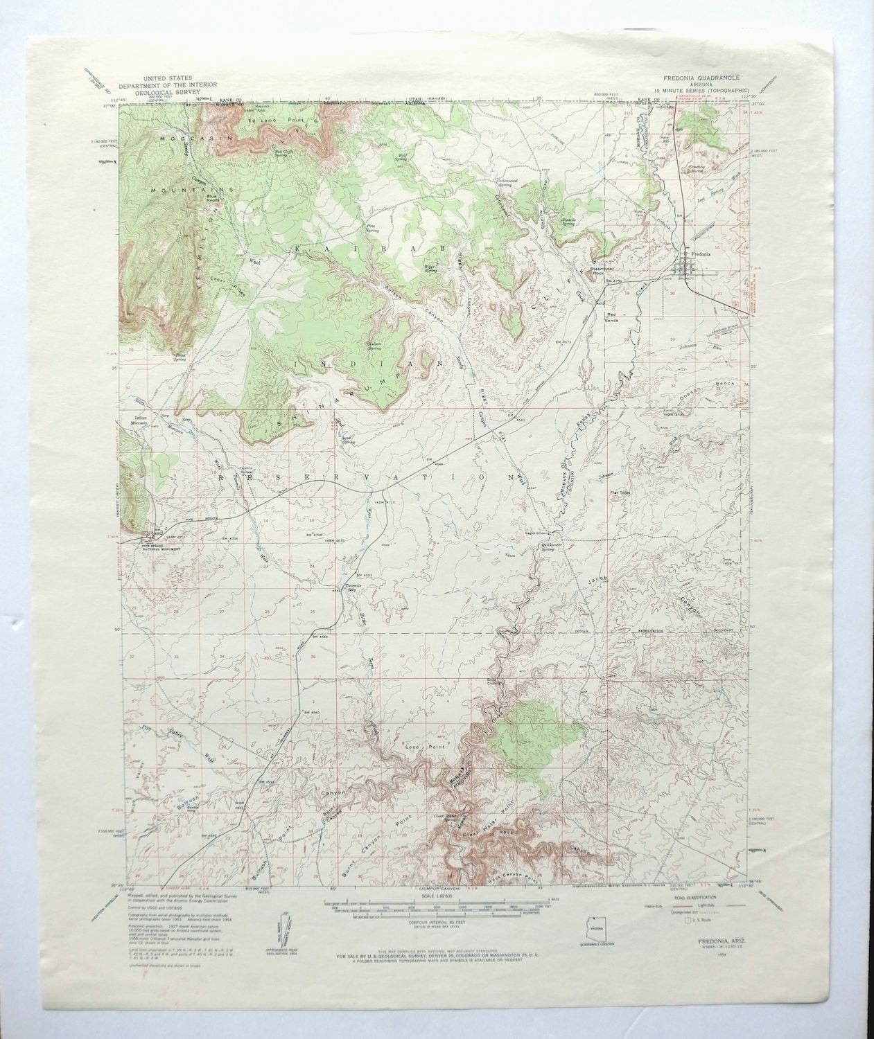Fredonia Arizona Vintage USGS Topo Map 1954 Kaibab 15minute