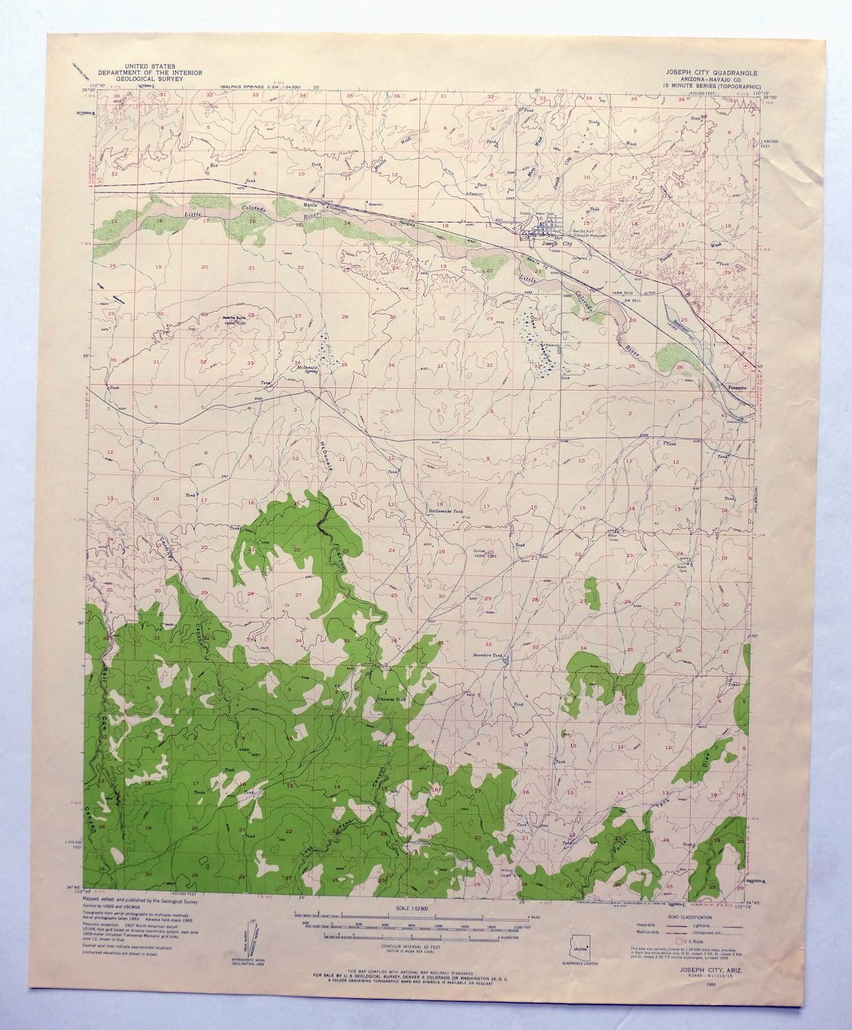 Joseph City Arizona Vintage USGS Topo Map 1955 Route 66 west of