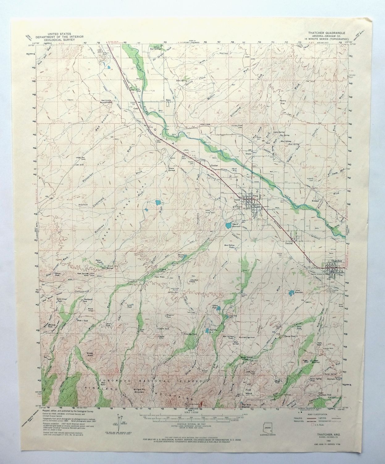 Thatcher Arizona Vintage Original USGS Topo Map 1960 Pima 15minute