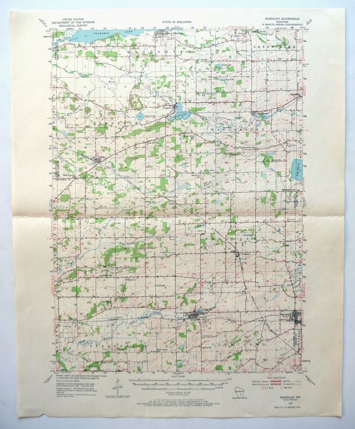Randolph Wisconsin Vintage USGS Topo Map 1955 Markesan Cambria Kingston