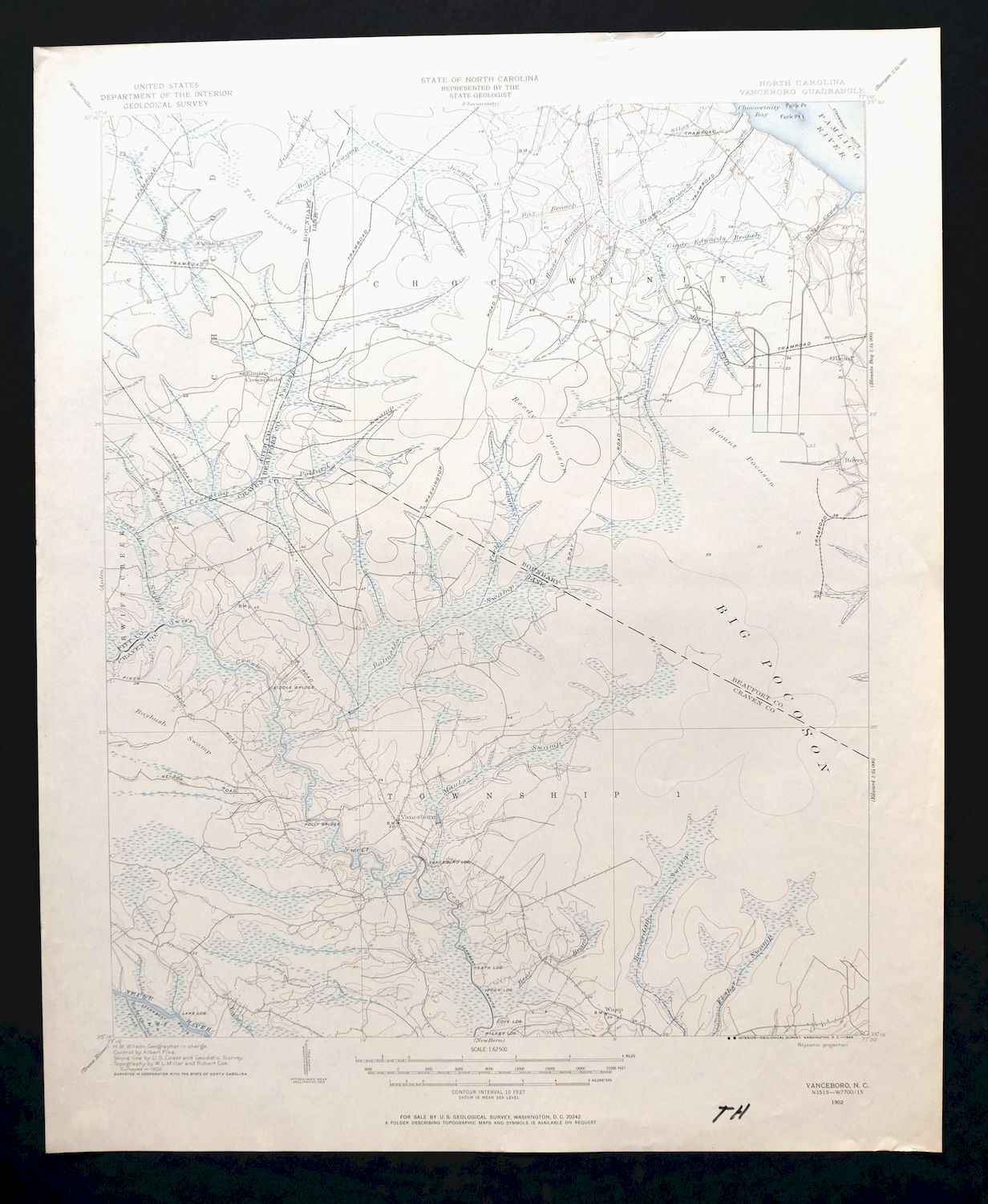 Vanceboro North Carolina Vintage USGS Topo Map 1902 south of Washington