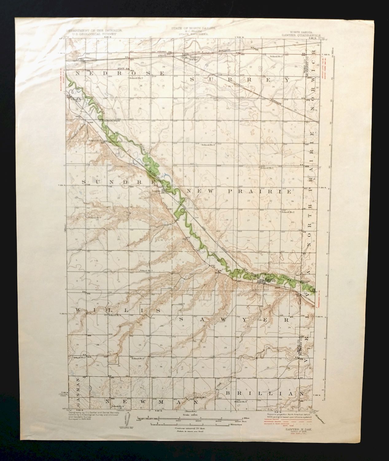 1929 Sawyer North Dakota Vintage USGS Topographic Map east of Minot