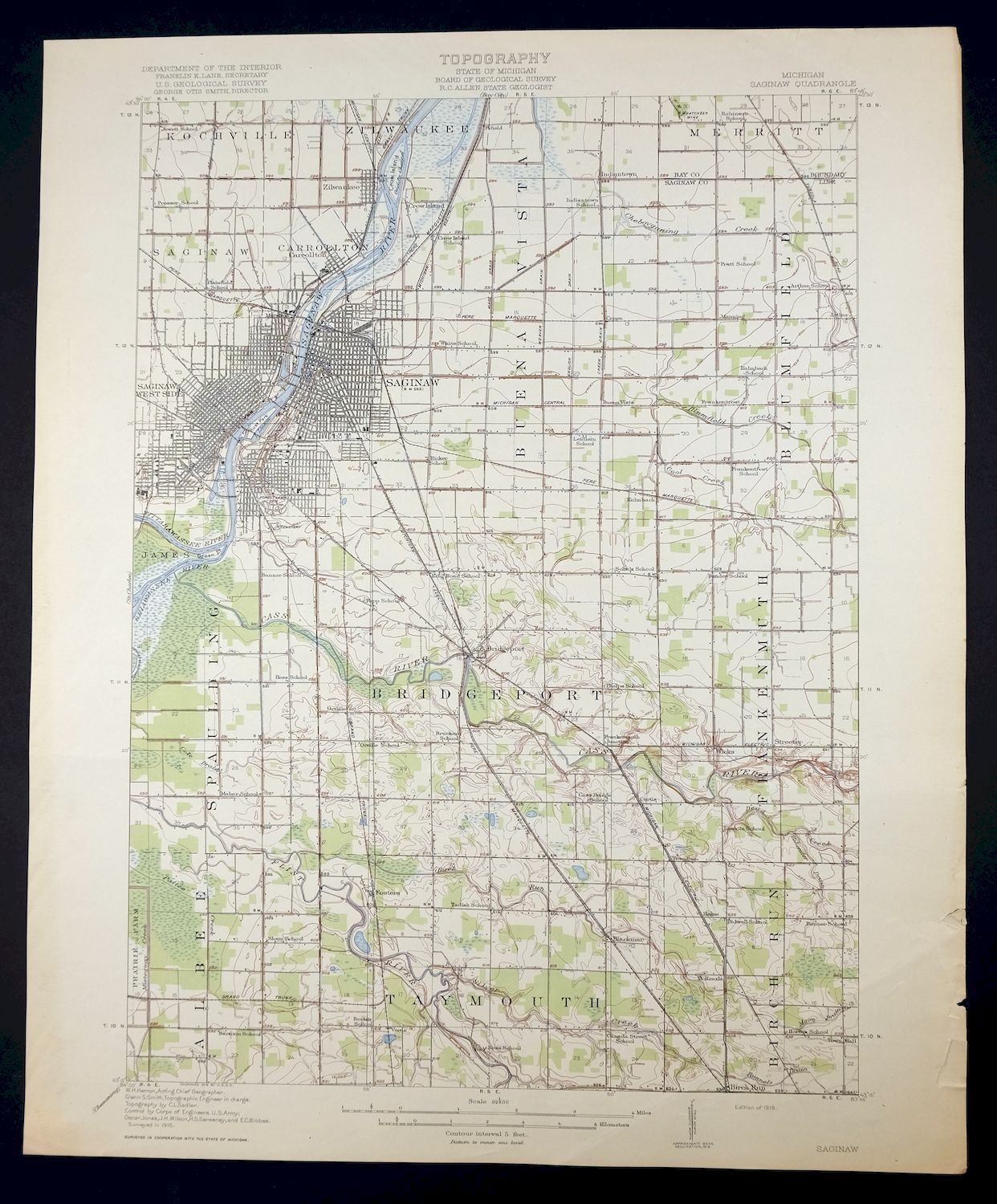 1919 Saginaw Michigan Buena Vista Bridgeport Vintage Original USGS Topo