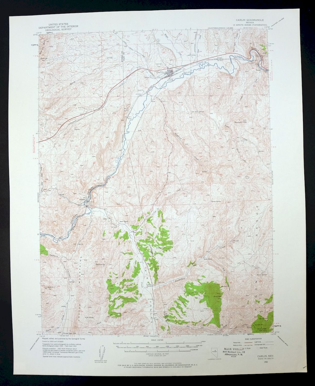 1952 Carlin Nevada Elko Vintage Original 15minute USGS Topo