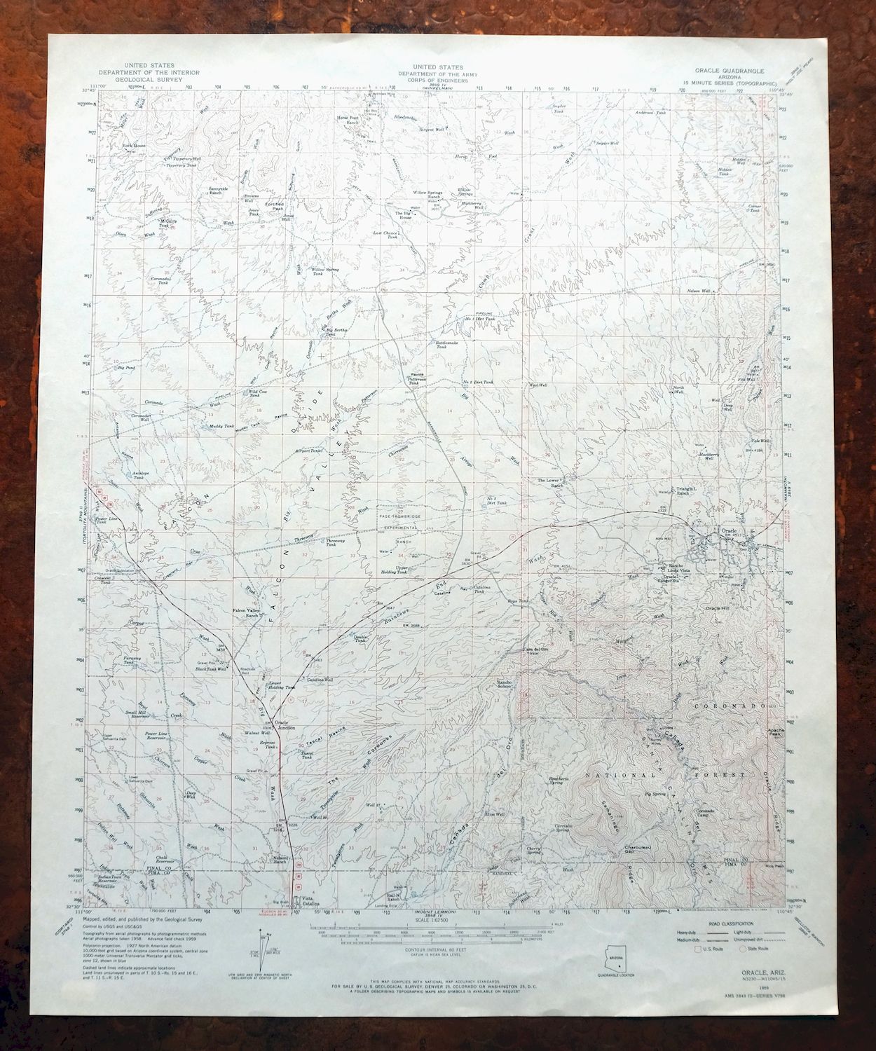 Oracle Arizona Vintage USGS Topographic Map 1959 Catalina 15minute
