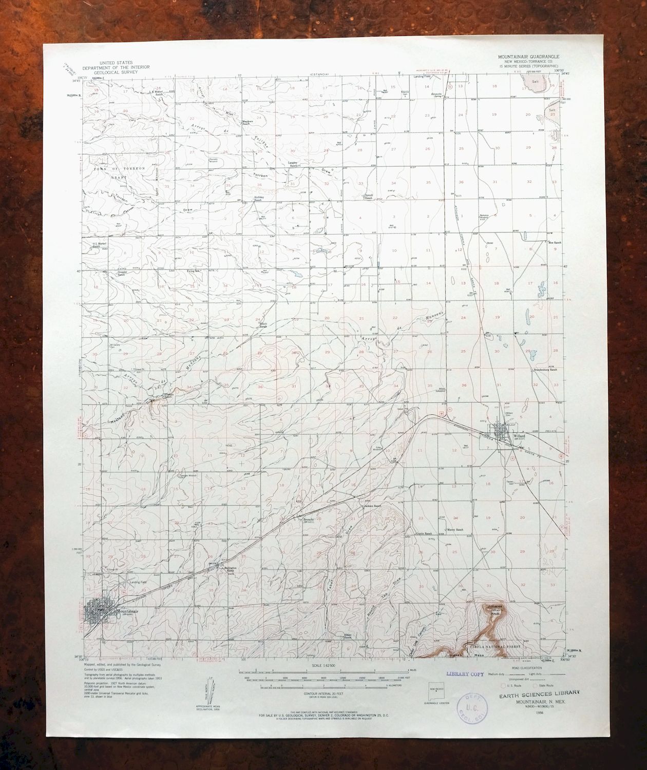 Mountainair New Mexico Vintage USGS Topo Map 1956 Estancia 15minute