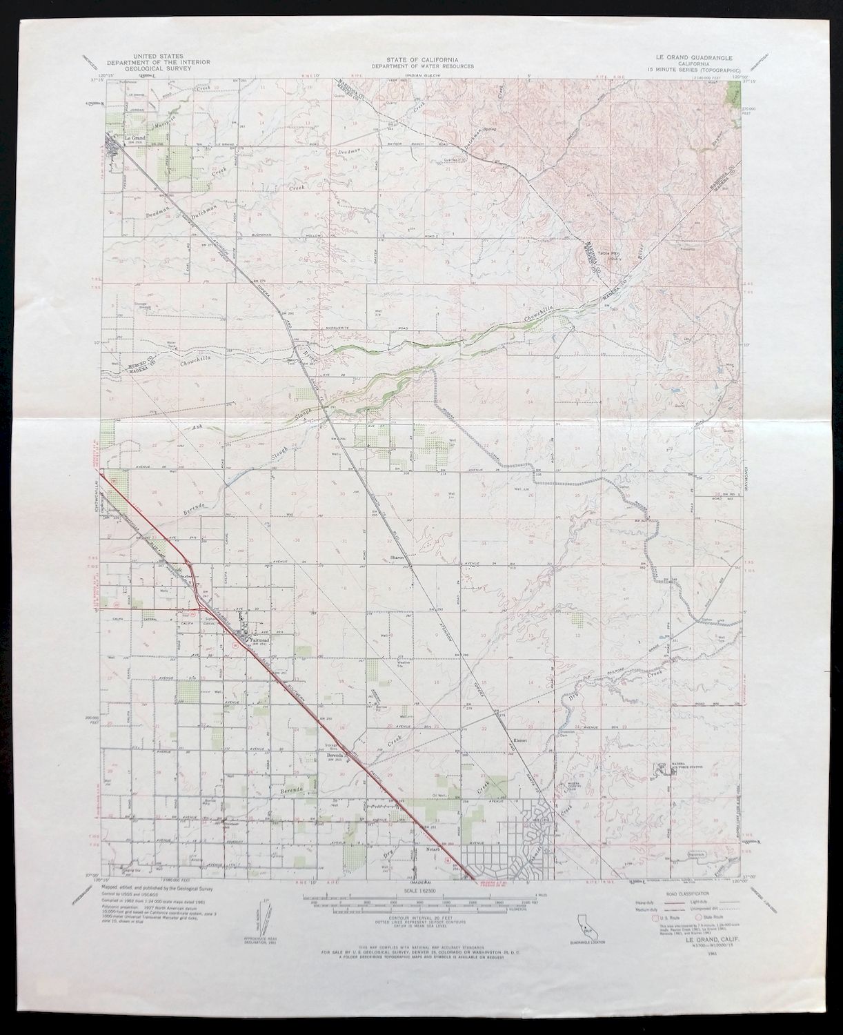 1961 Le Grand California Madera Vintage 15minute USGS Topographic Topo