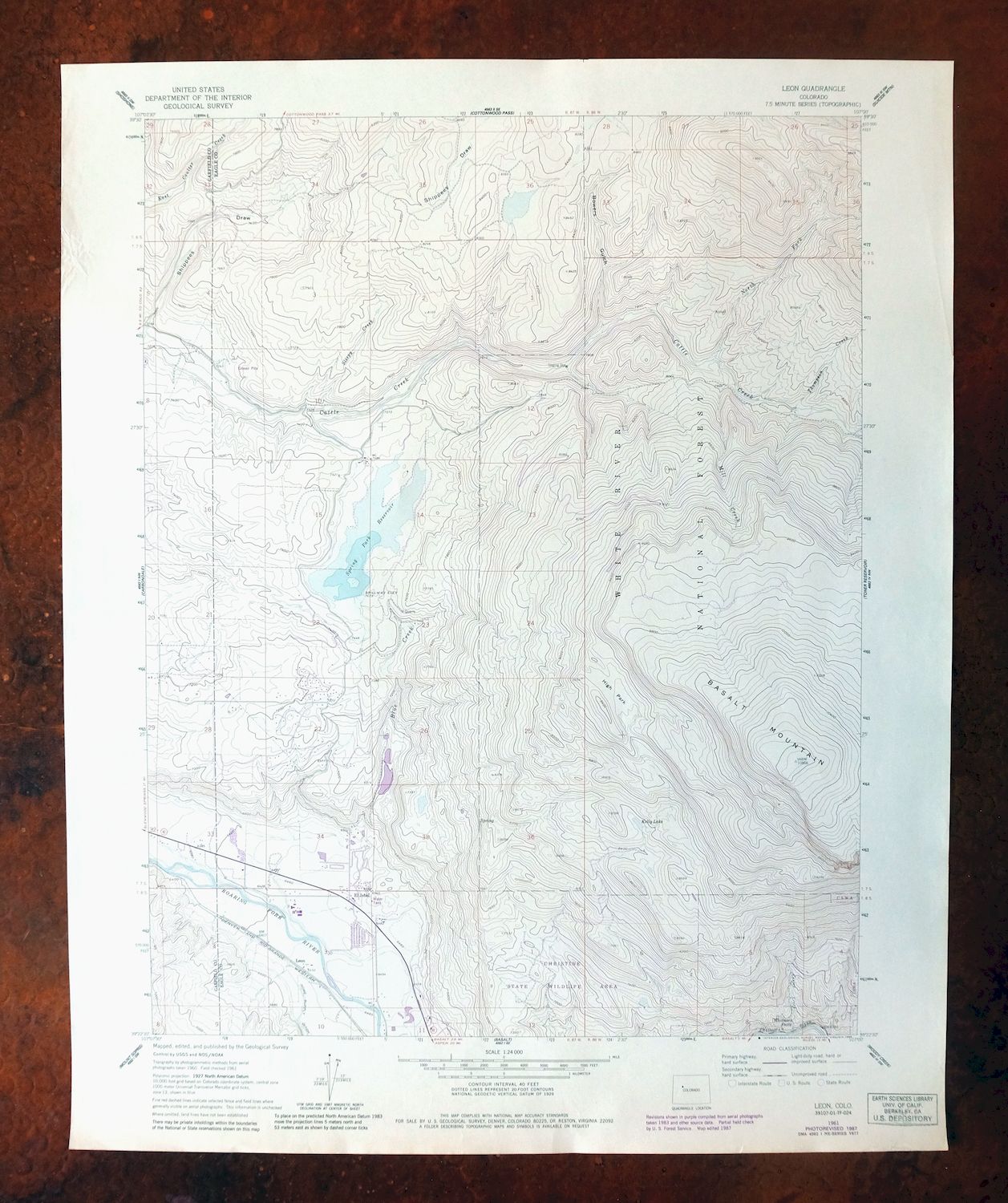 Leon White River NF Colorado USGS 7.5-Min Topo Map 1988