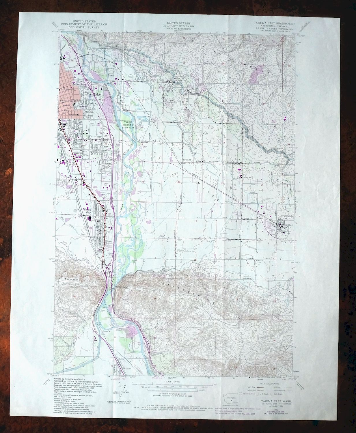 Yakima East Washington Moxee Parker USGS Topo Map 1985