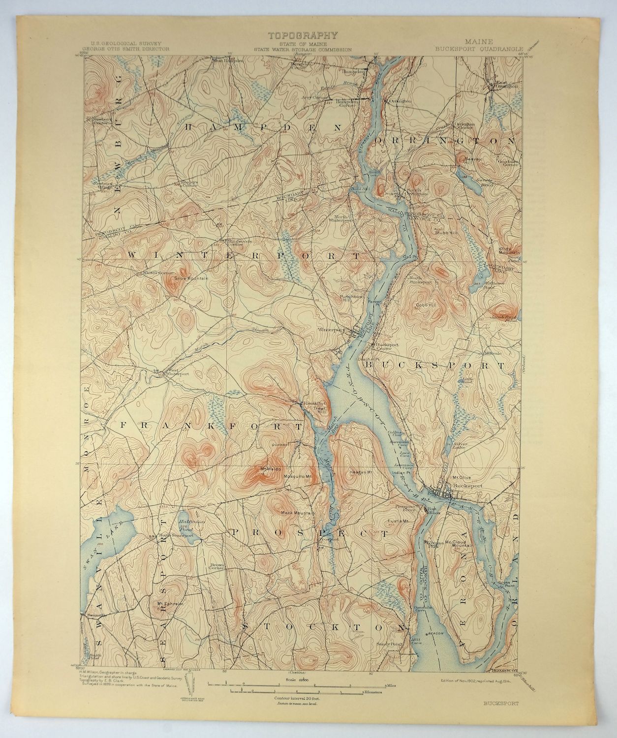 Bucksport Maine Brewer Hampden USGS Topo Map 1914 Antique