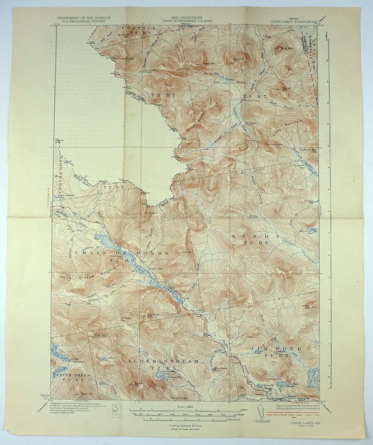Chain Lakes Maine Round Mountain USGS Topo Map 1935 Antique