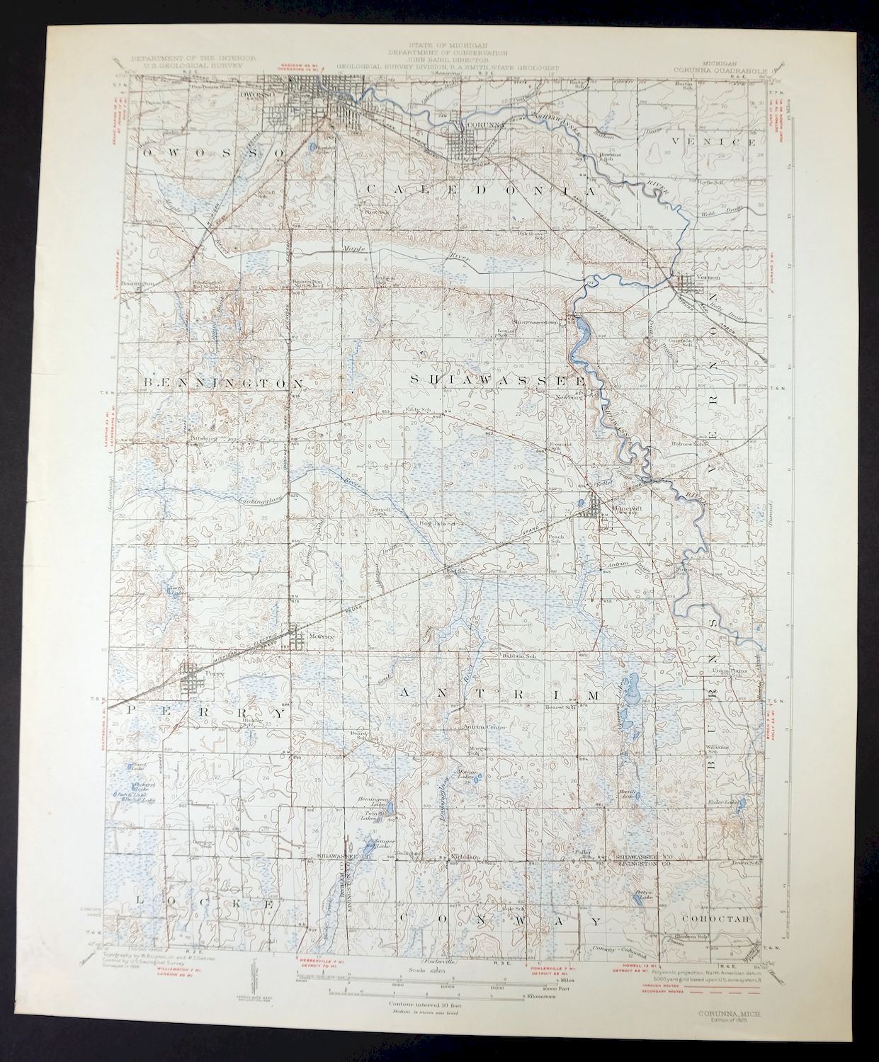 Corunna Michigan Owosso Durand USGS Topo Map 1929 Antique