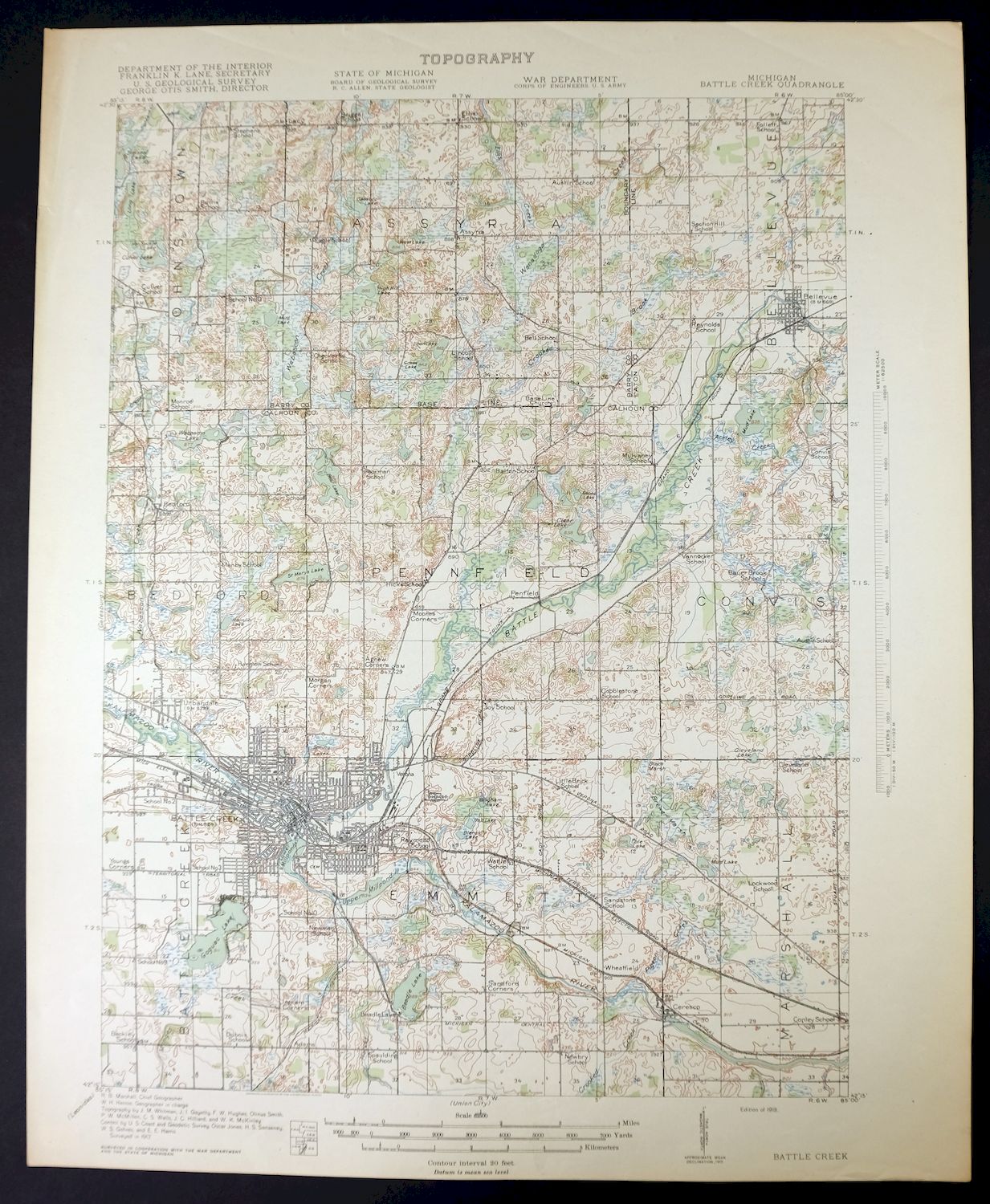 Battle Creek Michigan Springfield USGS Topo Map 1918 Antique