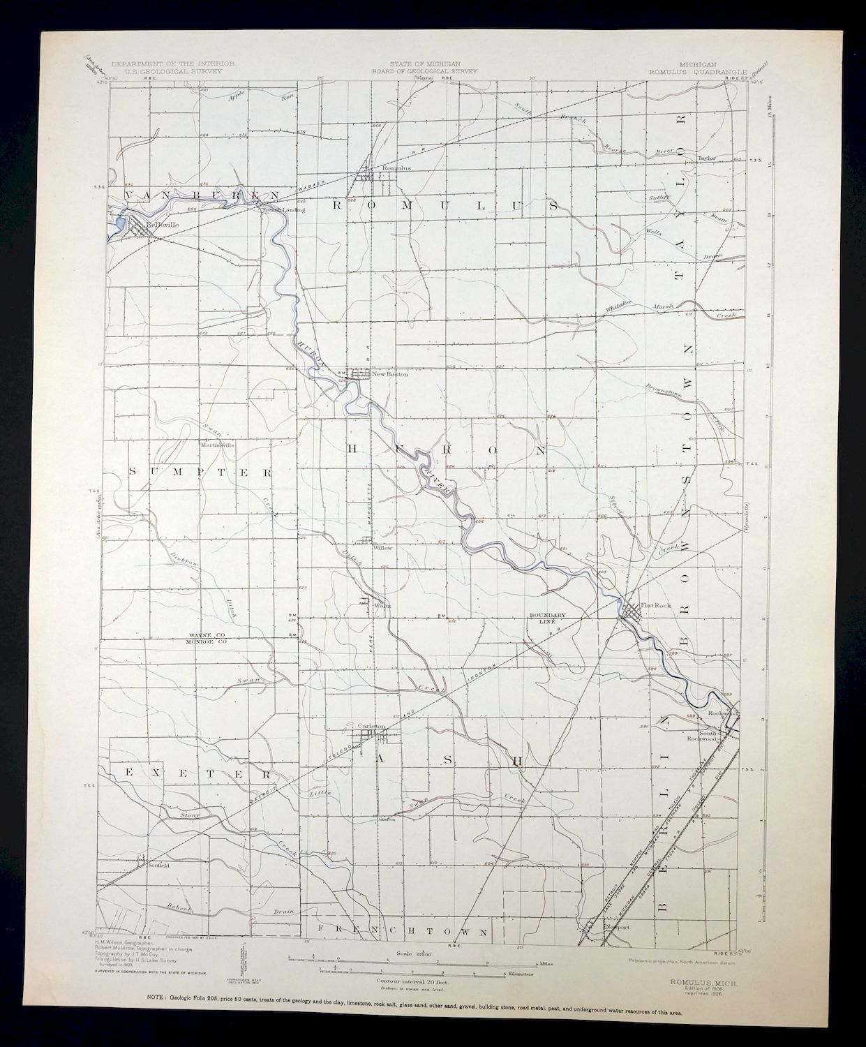Romulus Michigan Taylor Woodhaven USGS Topo Map 1926 Antique