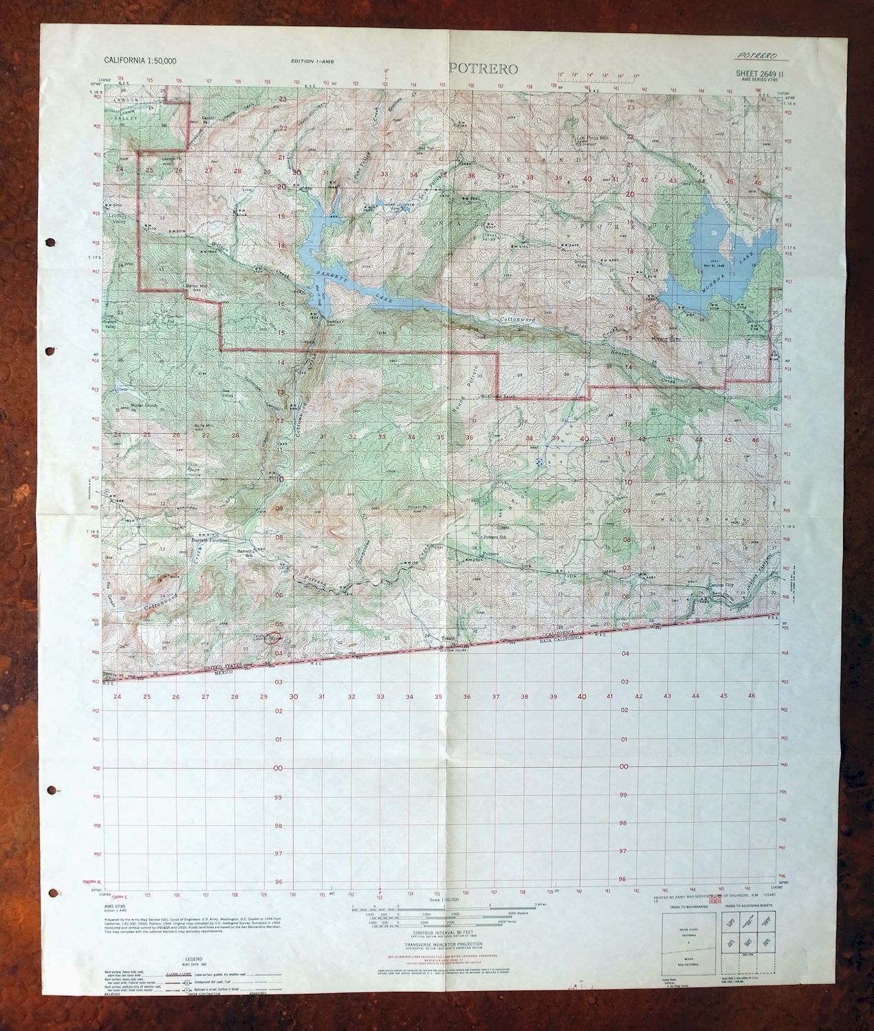 Potrero California Morena Village Tecate USGS Topo Map 1954