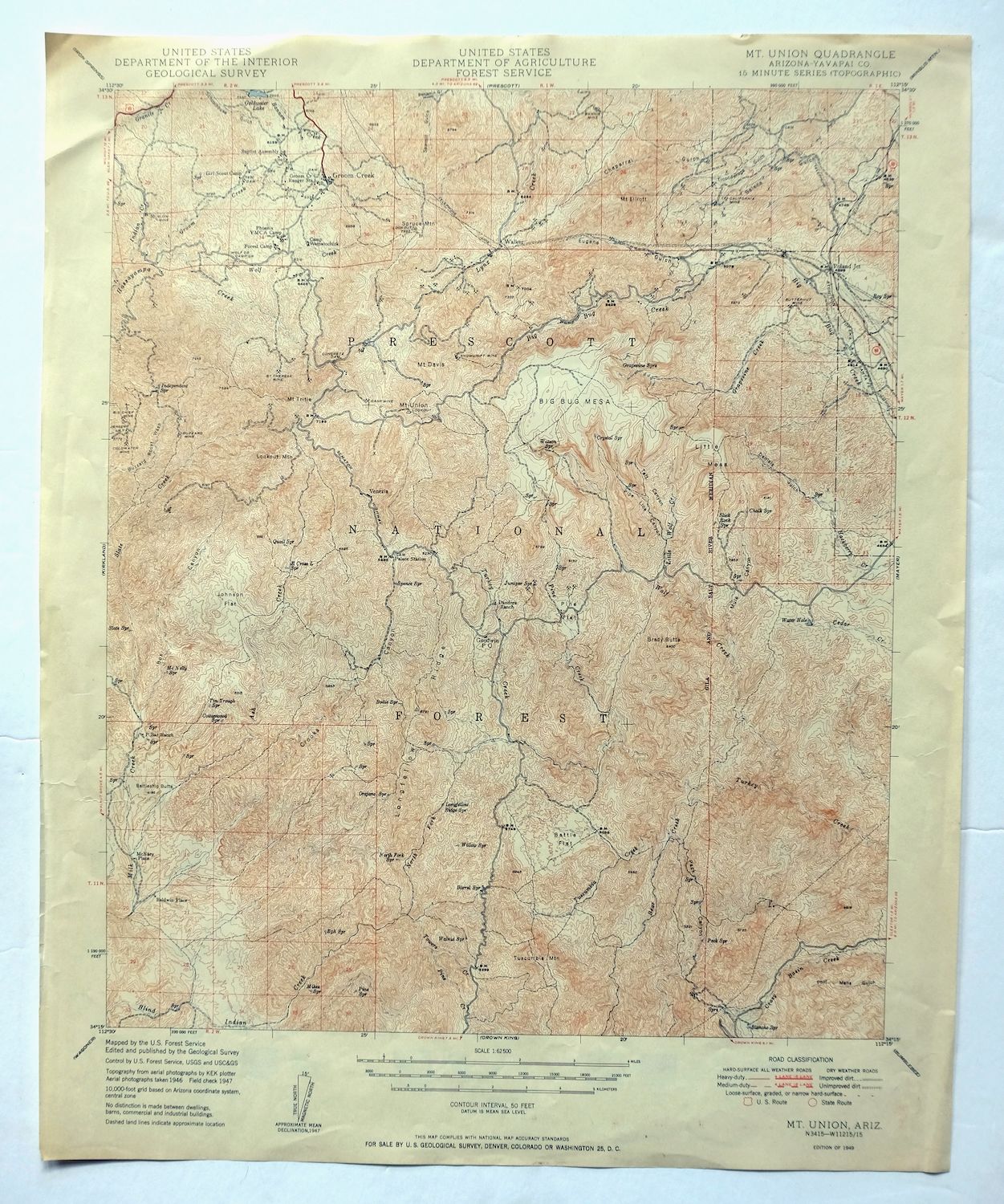 Mount Union Arizona Prescott NF Mayer USGS Topo Map 1949