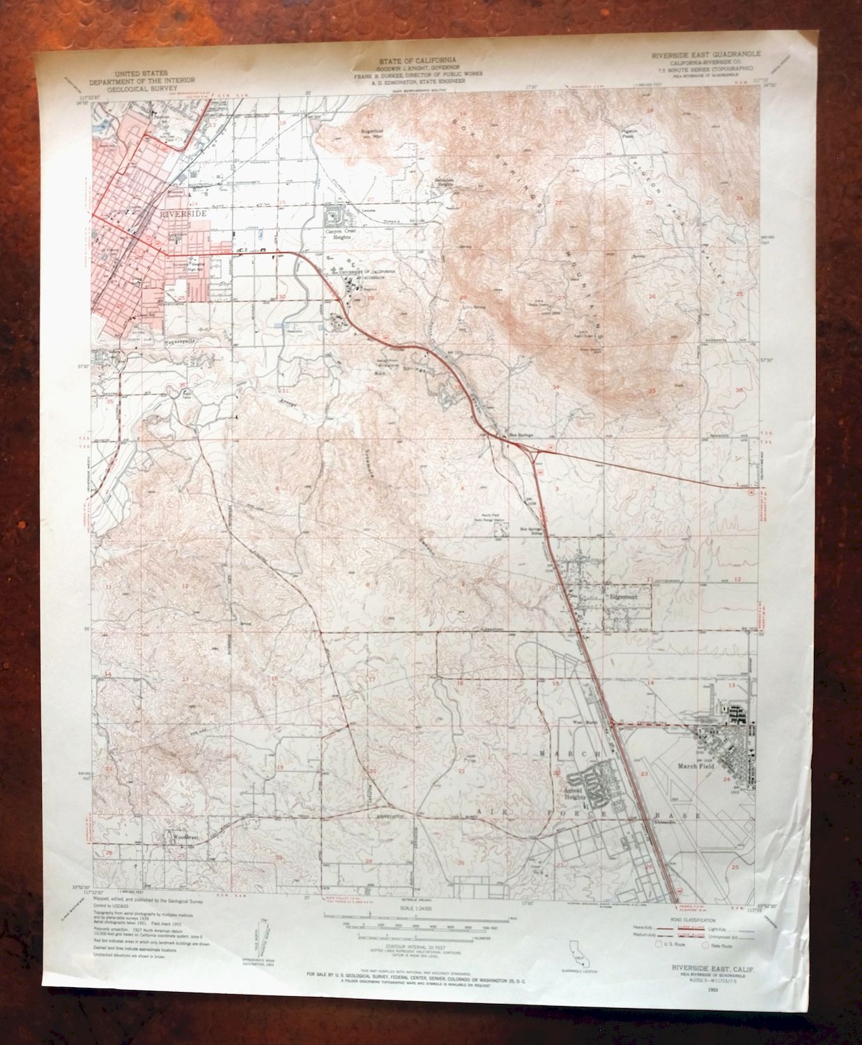 Riverside East California Edgemont USGS Topographic Map 1955