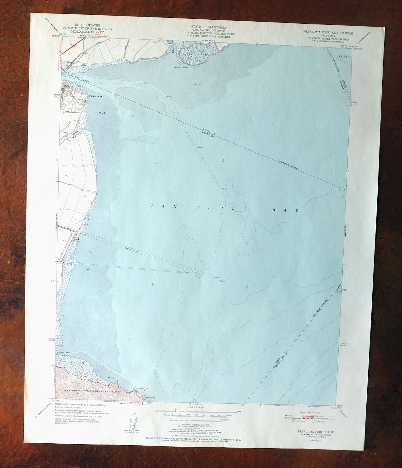 Petaluma Point California Novato USGS Topographic Map 1951