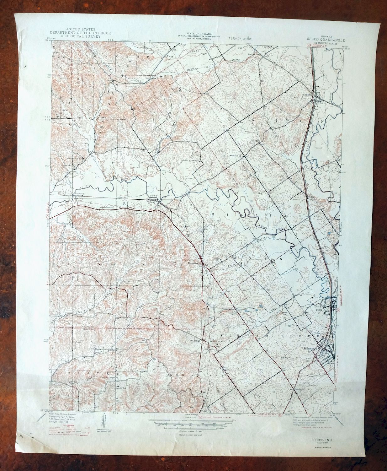 Speed Indiana Clarksville Memphis USGS Topographic Map 1947