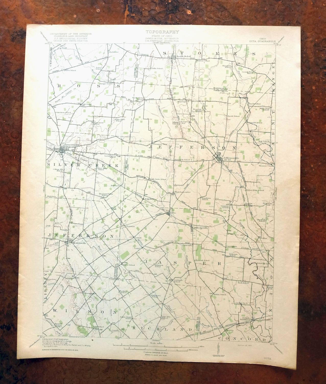 Octa Ohio Sabina Jamestown USGS 15-Min Topo Map 1916 Antique