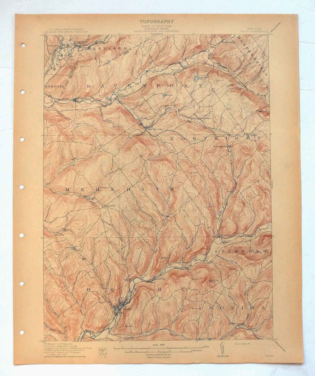 Delhi New York Davenport USGS 15-Min Topo Map 1911 Antique