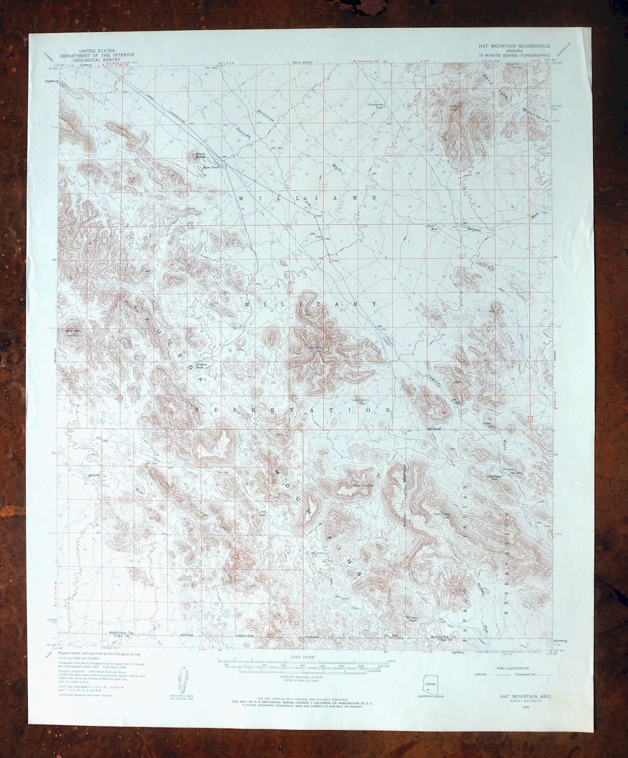 Hat Mountain Arizona Sauceda Mountains USGS Topo Map 1959