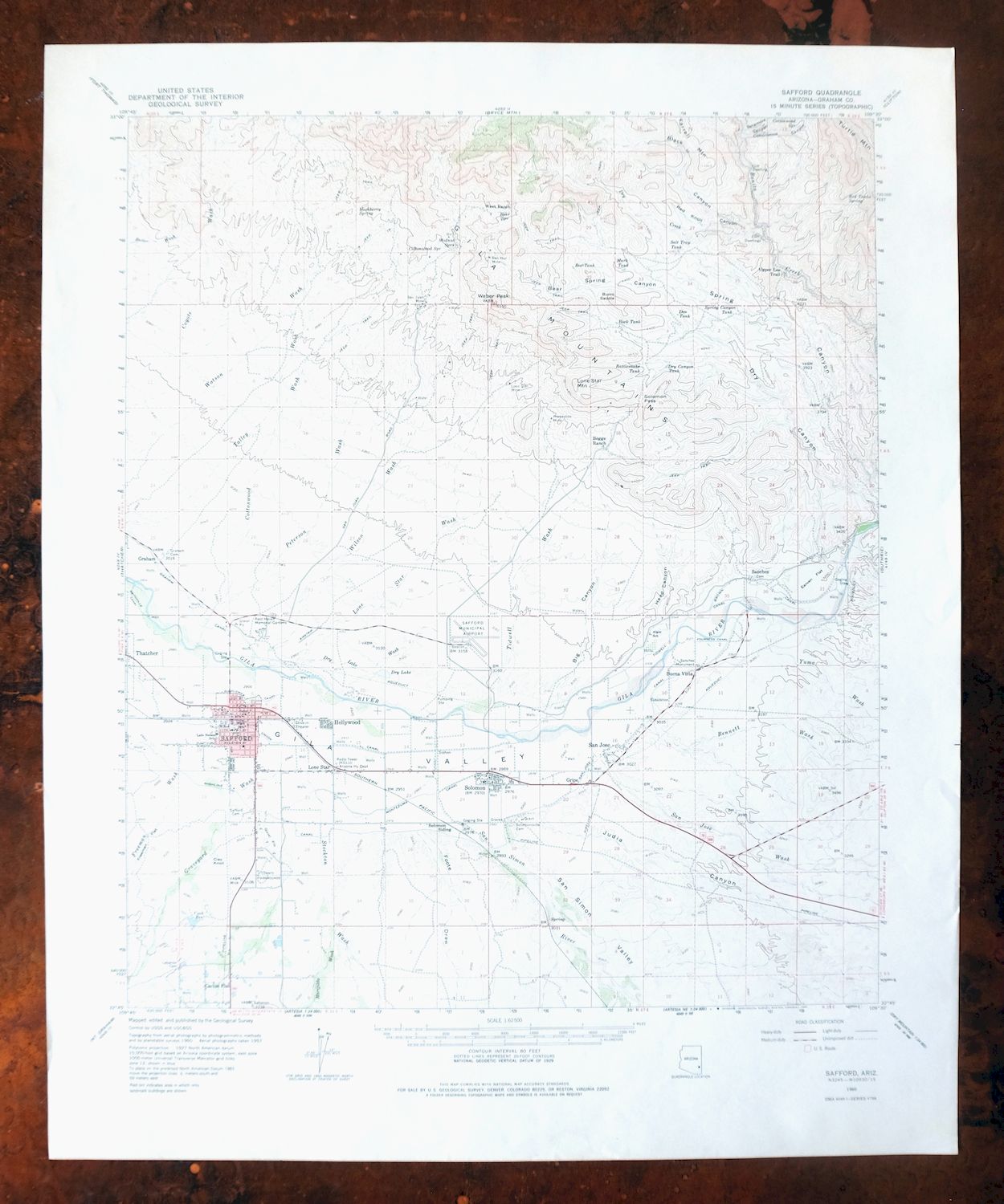 Safford Arizona Thatcher Solomon USGS Topo Map 1980 Vintage
