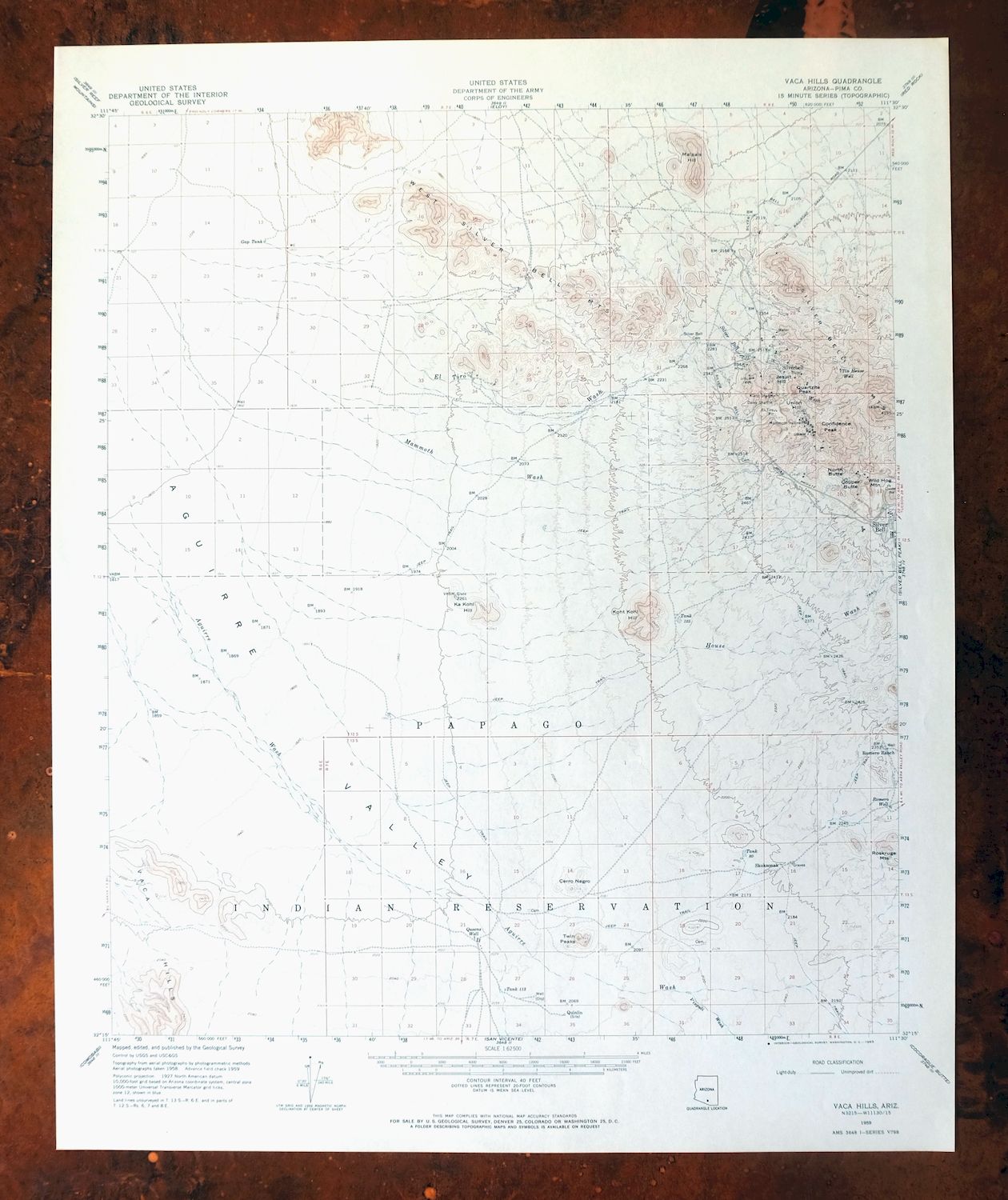 Vaca Hills Arizona Papago USGS Topographic Map 1965 Vintage