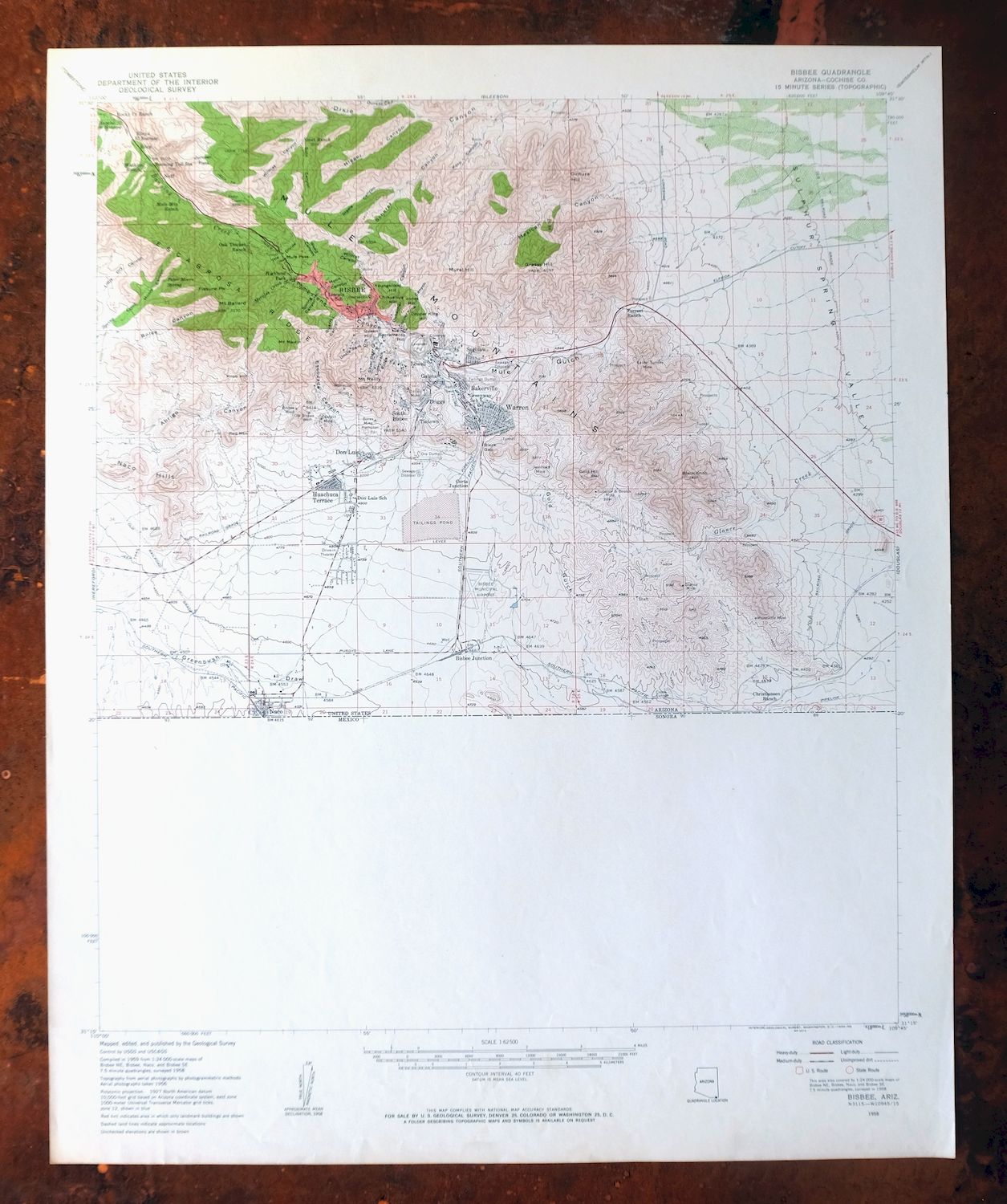 Bisbee Arizona Naco Mule Mountains USGS 15-Min Topo Map 1959