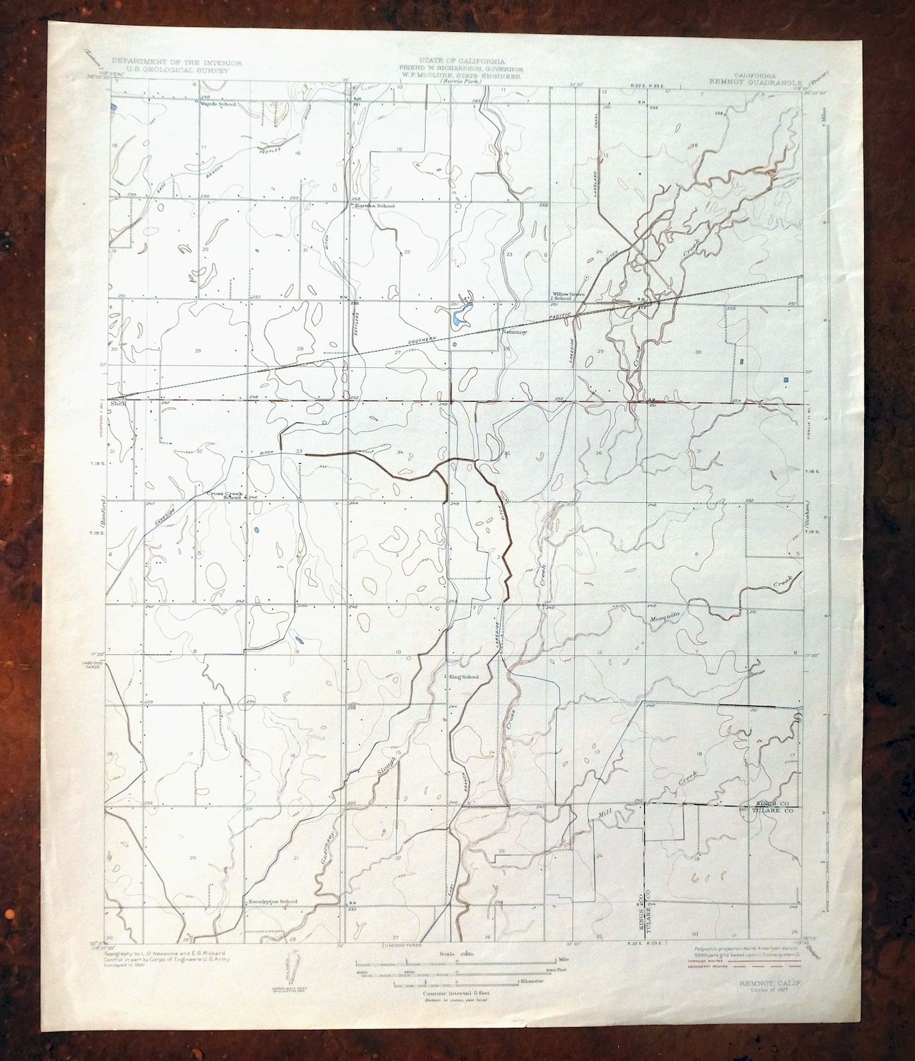 Remnoy California Hamblin Hanford USGS Topo Map 1927 Antique