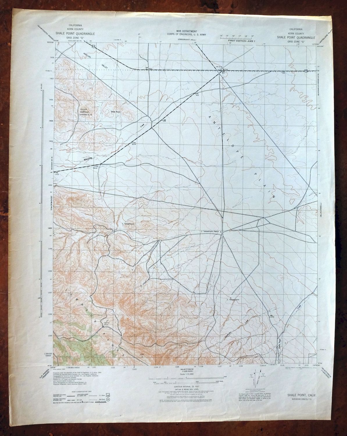 Shale Point California Temblor Range USGS Topo Map 1943