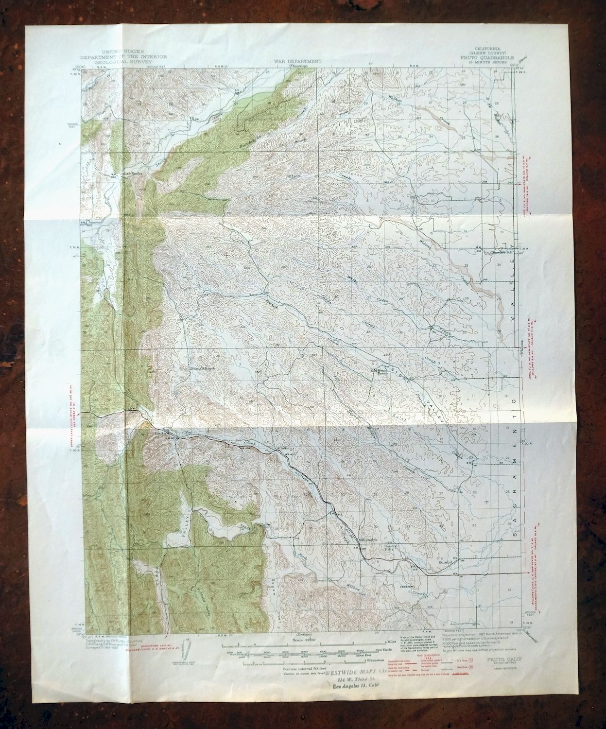 Fruto California Stony Creek Nye Creek USGS Topo Map 1944