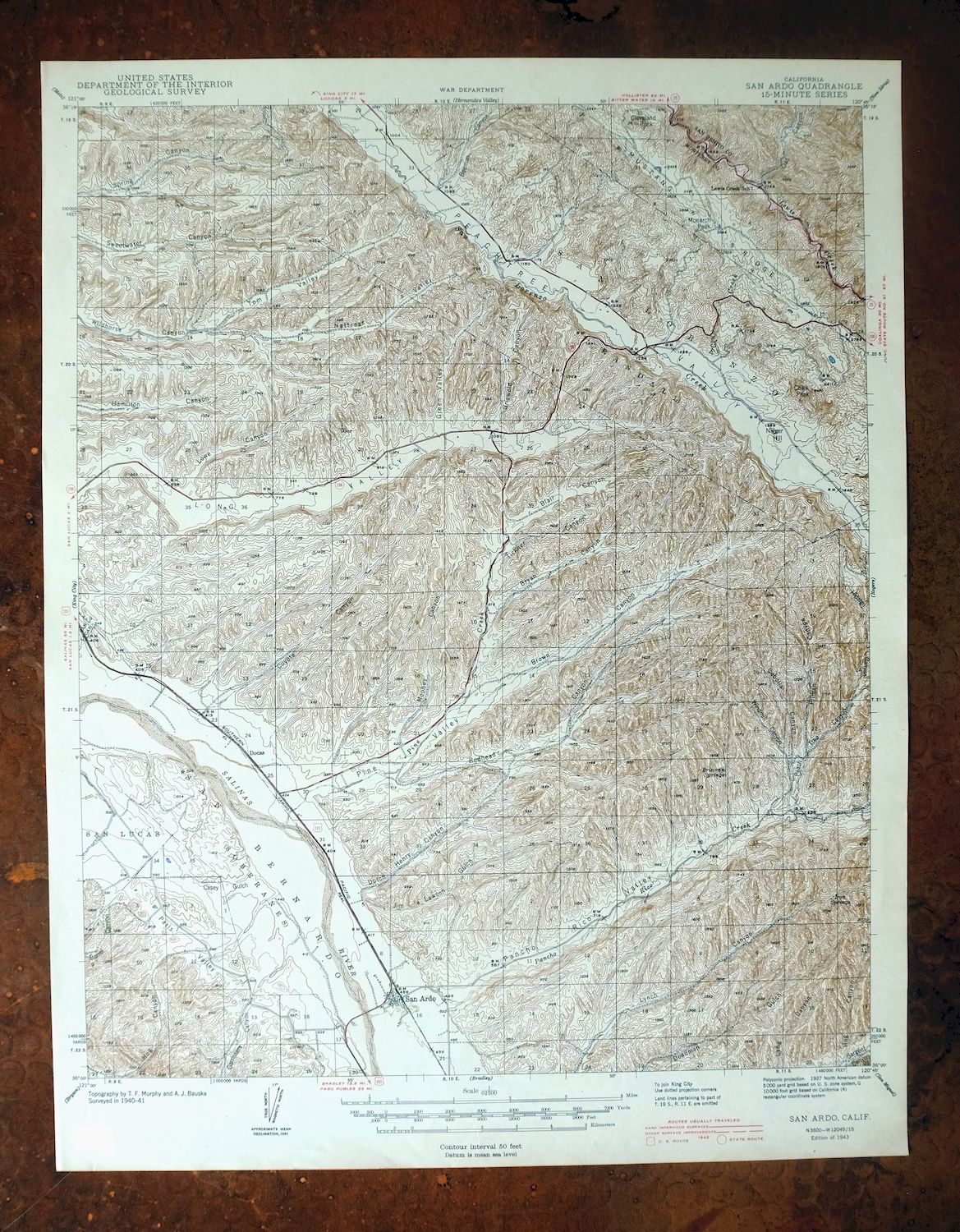 San Ardo California Salinas River USGS Topographic Map 1943