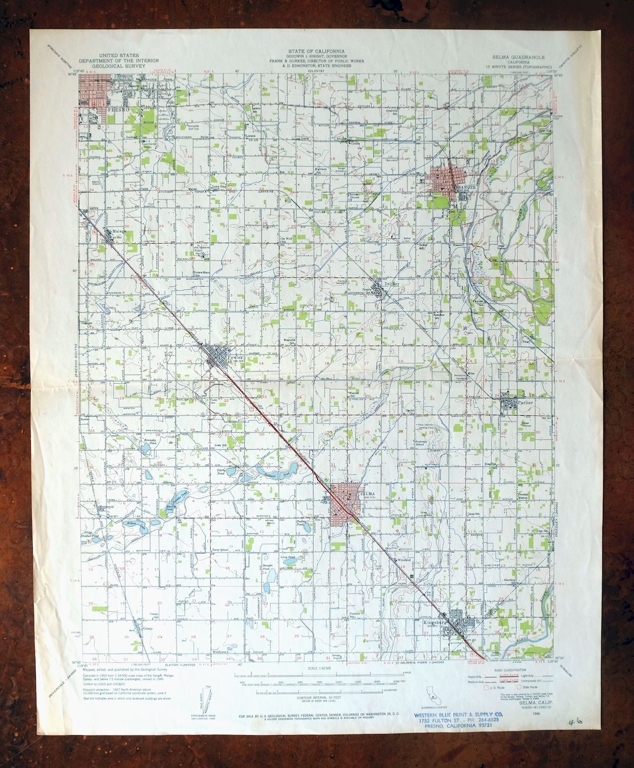 Selma California Fresno Sanger USGS Topo Map 1954 Vintage