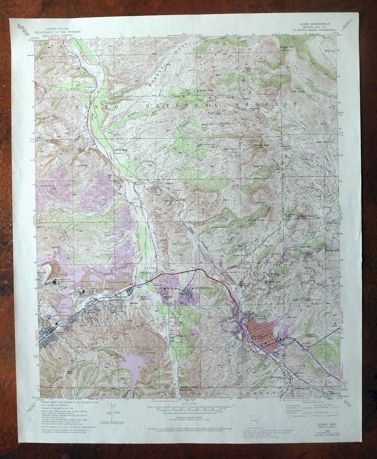 Globe Arizona Miami Claypool USGS Topo Map 1982 Vintage
