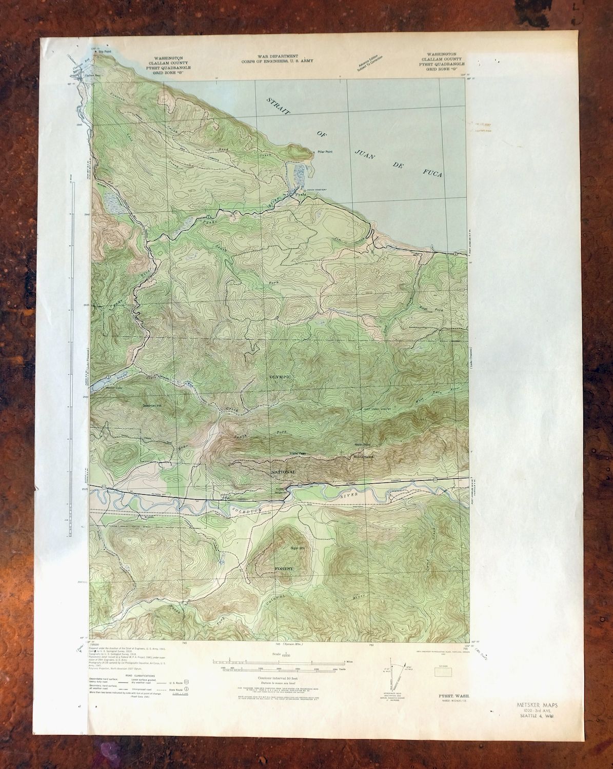 Pysht Washington USGS 15-Min Topographic Map 1942 Antique