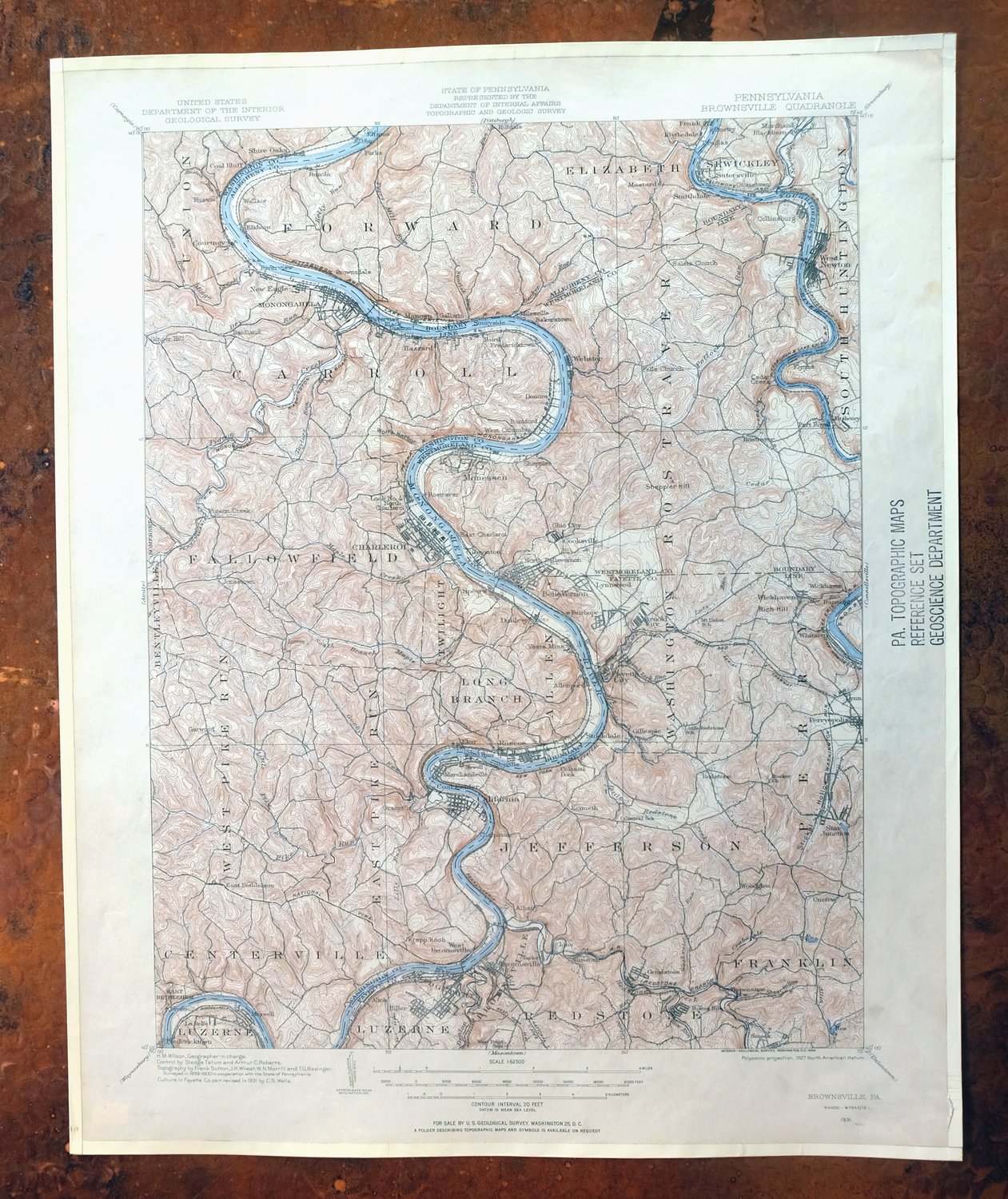 Brownsville Pennsylvania Monessen Donora USGS Topo Map 1954