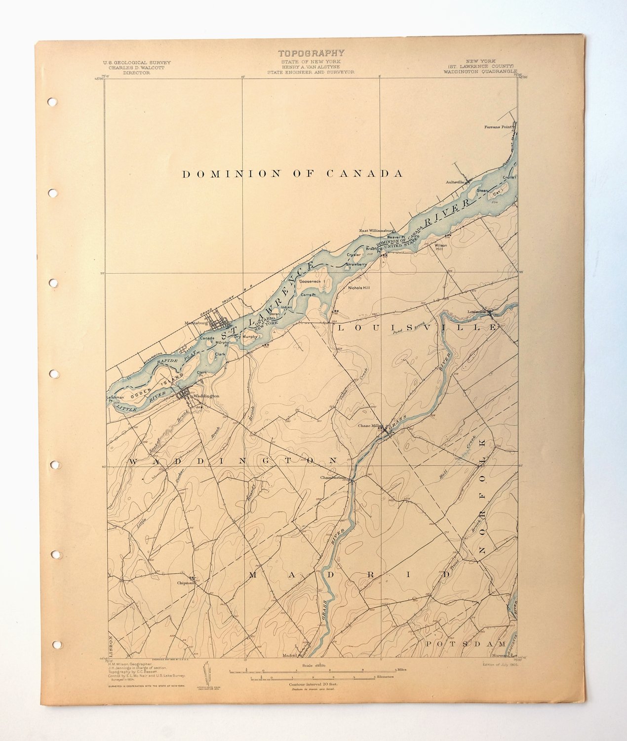 Waddington New York Norwood Madrid USGS 15-Min Topo Map 1905