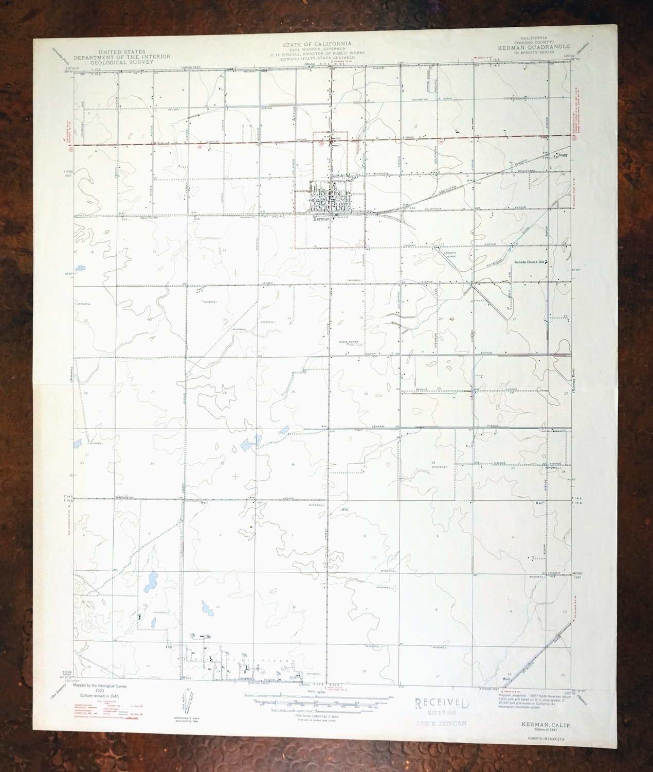 Kerman California Madera Avenue USGS Topographic Map 1947