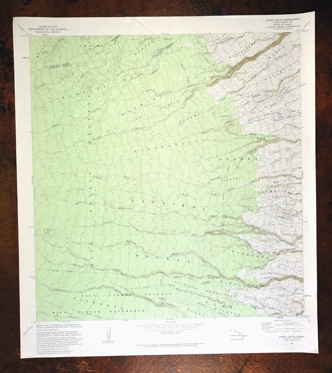 Akaka Falls Hawaii Honolii Stream USGS Topographic Map 1988