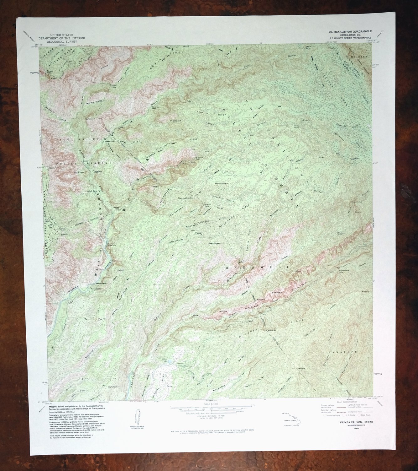 Waimea Canyon Hawaii USGS 7.5-Min Topo Map 1984 Vintage