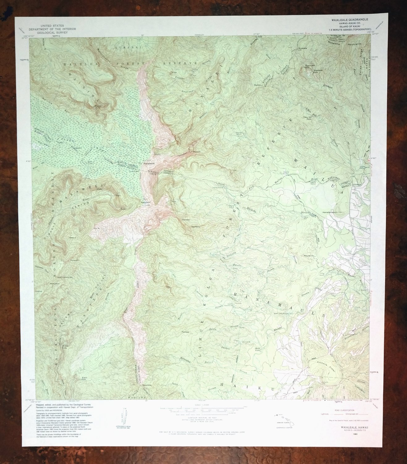 Waialeale Hawaii USGS 7.5-Min Topographic Map 1984 Vintage