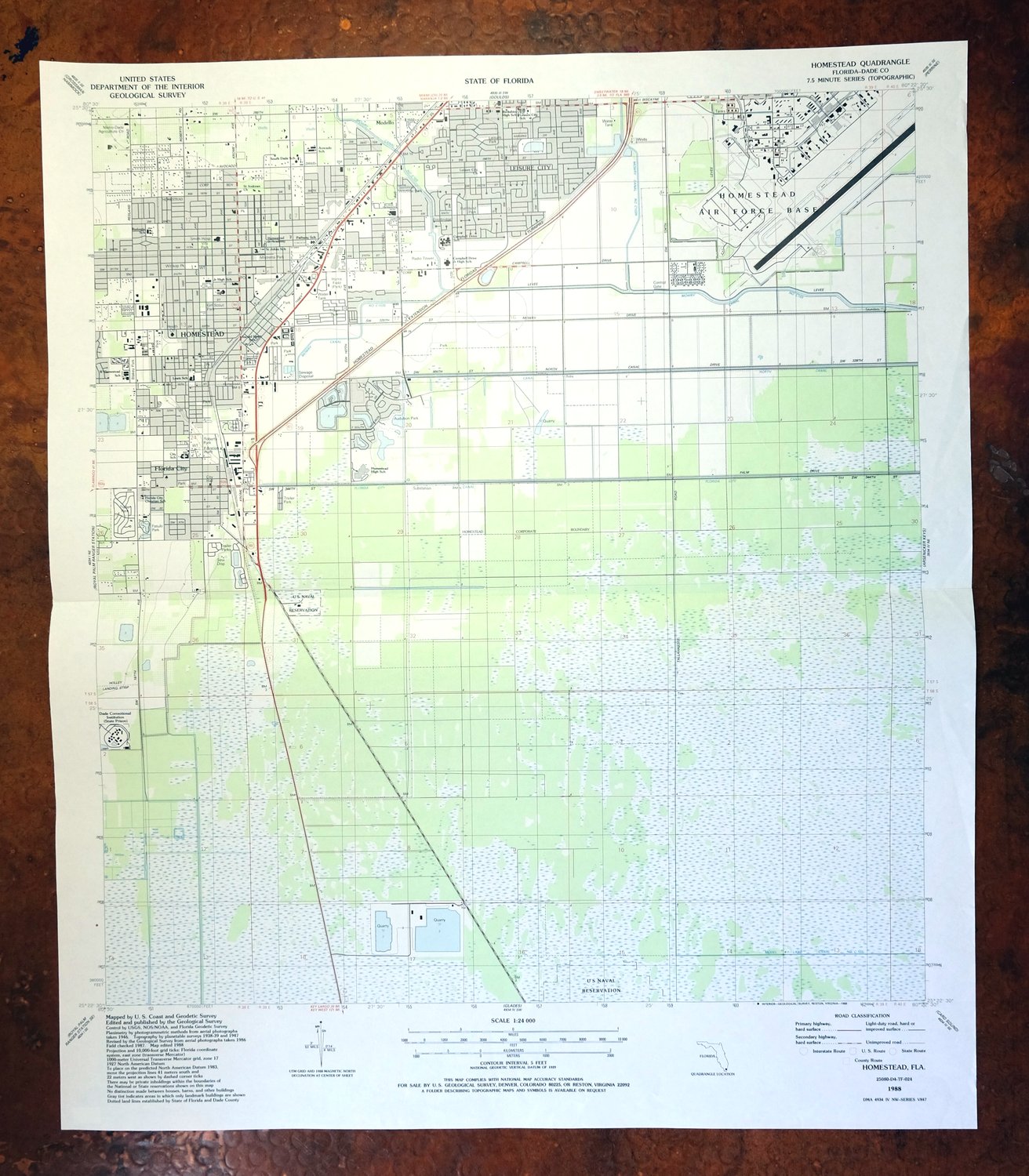 Homestead Florida Leisure City USGS Topo Map 1988 Vintage