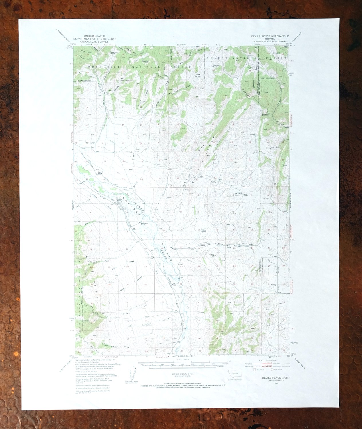 Devils Fence Montana USGS 15-Min Topo Map 1950 Vintage