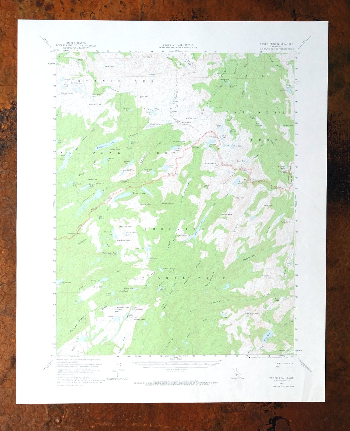 Tower Peak California USGS 15-Min Topo Map 1972 Vintage