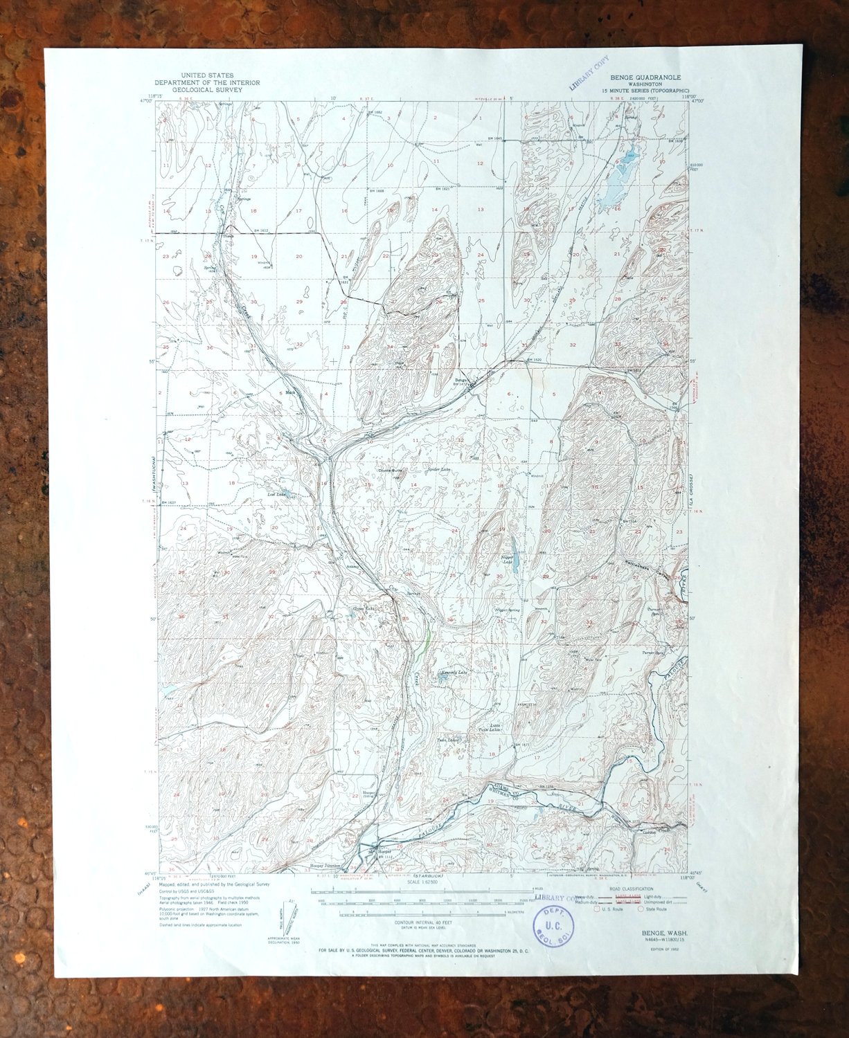 Benge Washington Hooper Palouse River USGS Topo Map 1952