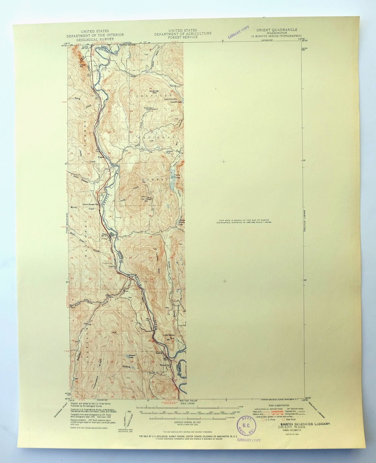 Orient Washington Colville NF Laurier USGS Topo Map 1951
