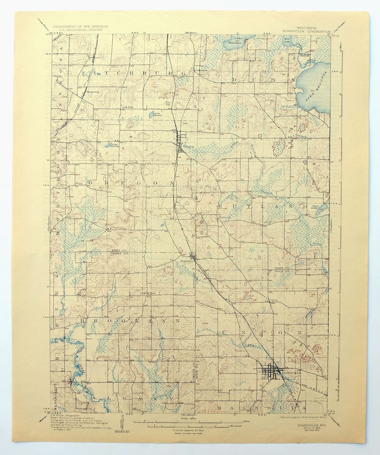 Evansville Wisconsin Madison Fitchburg USGS Topo Map 1925